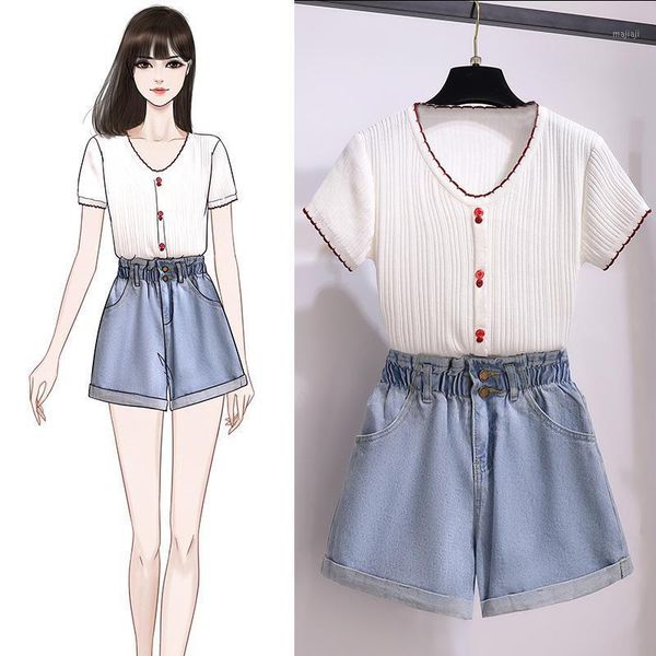 

two piece dress ichoix jean shorts 2 set women korean style knitted crop casual outfits cute girl summer 2pcs clothes1, White