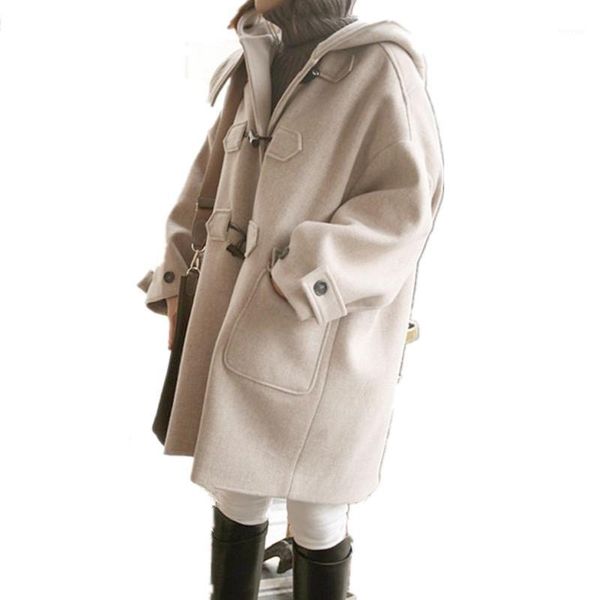 

woman coats winter hat wool coat women's autumn and winter new loose large size long horn button coat1, Black