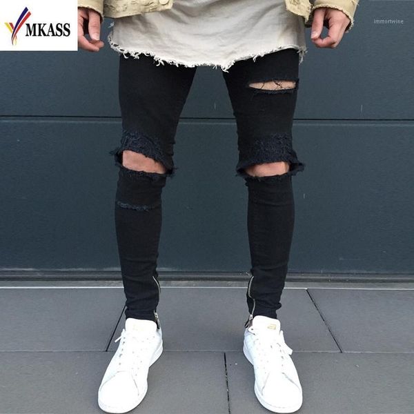 

mkass 2018 new men's fashion ripped skinny biker slim jeans destroyed frayed designed slim fit denim pencil holes pants1, Blue