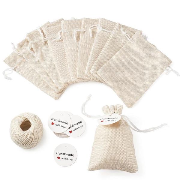 

1set burlap packing pouches drawstring bags with jewelry display kraft paper price tags and hemp cord twine string for qyllfv