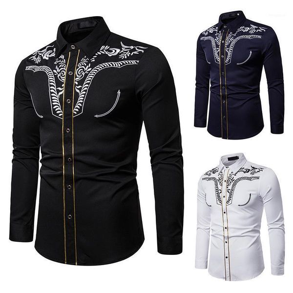 

men's fashion embroidered shirt american western style gold border pattern embroidered long sleeve shirt nx53021, White;black