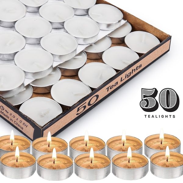 Candele tea light, Viaggio bianco non profumato, Centrotavola, Candela nuziale decorativa, Durata di combustione di 4 ore, Cera pressata, Confezione sfusa da 50 Y200531