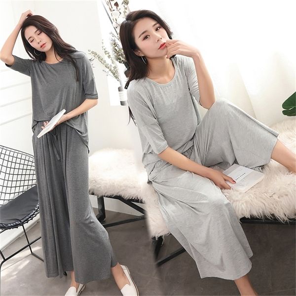 

tracksuits two piece set home wear suits casual cotton women loose t shirt + nine wide leg pants outfits y201128, White