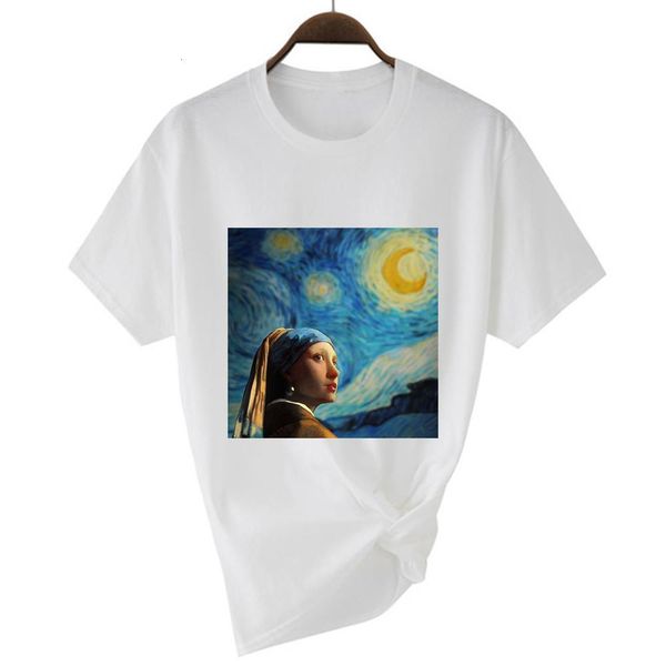 

2021 selling t-shirt van gogh aesthetic new t shirt women girl looking up at the starry sky graphic head classic t shirt, White