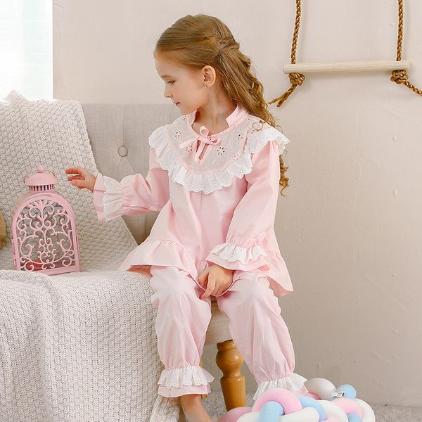 

children's home clothes spring new girls pajamas set long sleeve lace palace princes 100% cotton princess suit clothes 201104, Blue;red