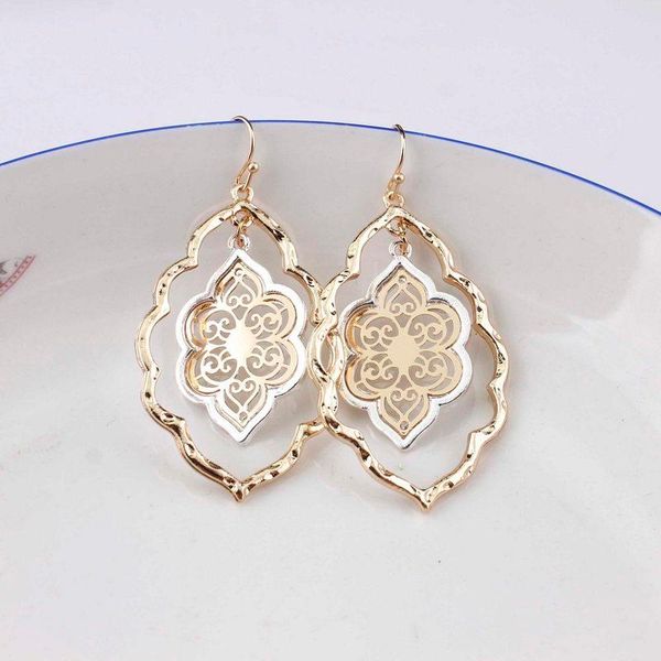 

zwpon fashion bohemia two tone gold filigree teardrop chandelier earrings for women gold zinc alloy dangle drop earrings jewelry, Silver