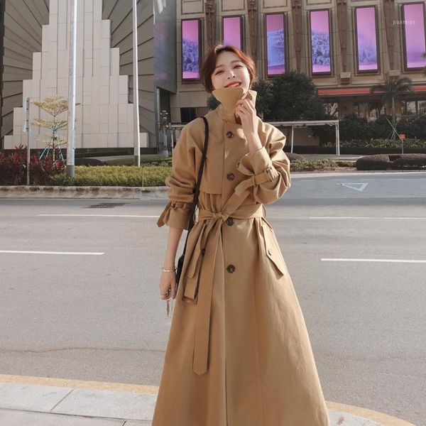 

ewq]2020 autumn new ladies mid-length windbreaker lapel chic long sleeve single breasted windbreaker women overcoat qb9811, Tan;black
