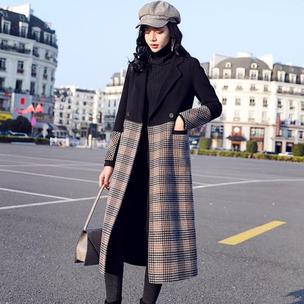 

ewq] 2021 winter over knee style turn-down collar long-sleeved patchwork black plaid straight minimalist woolen overcoat 8q8451