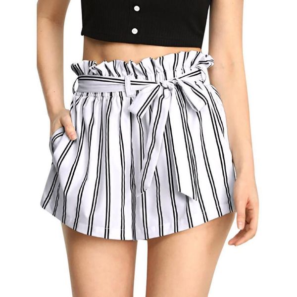 

women retro stripe casual style short fit elastic waist pocket shorts great for beach with string women summer, White;black