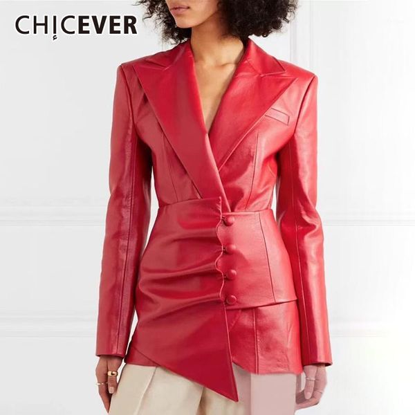

chicever pu leathers blazers coat women notched collar slim with belt hem irregular clothes coats female fashion new 2020 autumn1, White;black