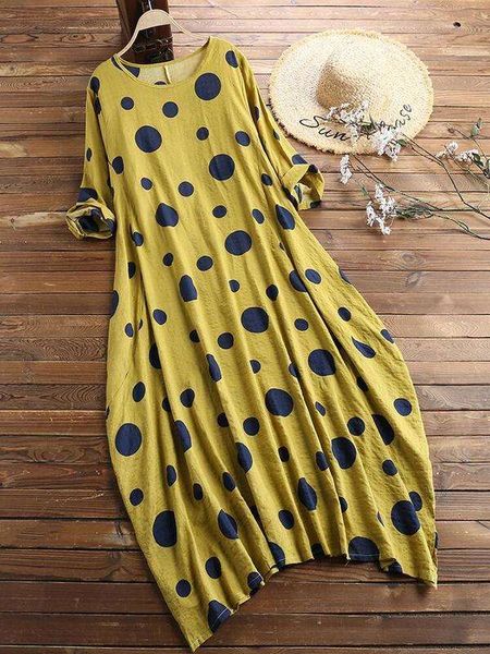 

women's new casual cotton hemp dot short sleeve printed dress, Black;gray