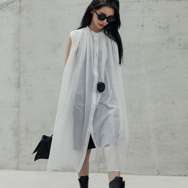 

eam] 2021 new spring summer stand collar sleeveless black perspective loose thin big size dress women fashion tide ju444, Black;gray