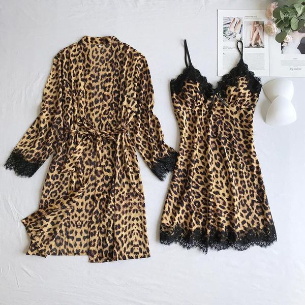 

leopard print kimono robe gown suit lady faux silk lace trim sleepwear v-neck backless nightdress set chest bra home dress1, Black;red