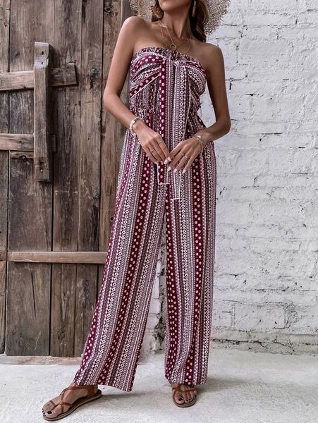 

floral & striped print tie front shirred tube jumpsuit h03x#, White