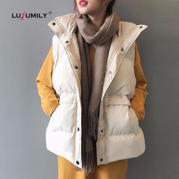 

lusumily korean style winter women vest warm fashion down cotton padded sleeveless jacket female turn-down collar waistcoat 201027, Black;white