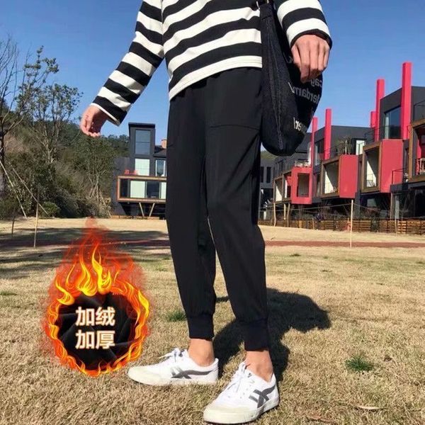

autumn winter plush slacks men's and korea's ins trend casual leggings student's nine point guard pants, Black