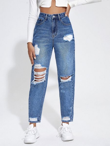 

high waisted ripped mom fit jeans 86wg#, Blue