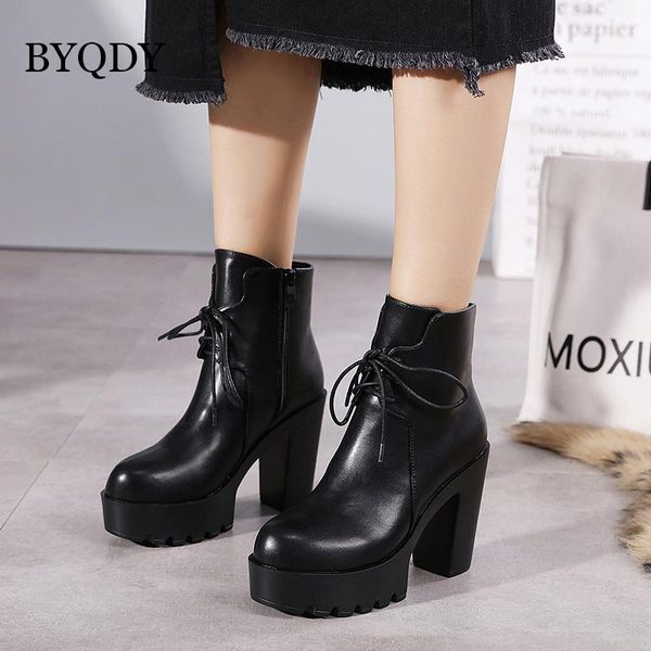 

boots byqdy 2021 autumn patent leather woman round head wedge high heels platform motorcycle ankle boot rubber sole for party, Black