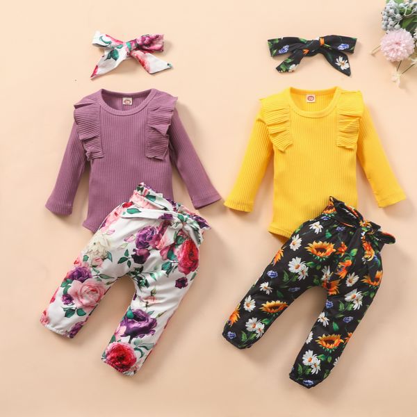 

0-18m newborn baby girl clothes sets long sleeve ruffles romper baby body suit set+floral pants fashion outfits set roupa 1021, White