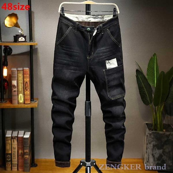 

winter plus velvet plus size jeans men's big size stretch loose thick harem pants to keep warm tide 48 46 44 denim jeans for men, Blue