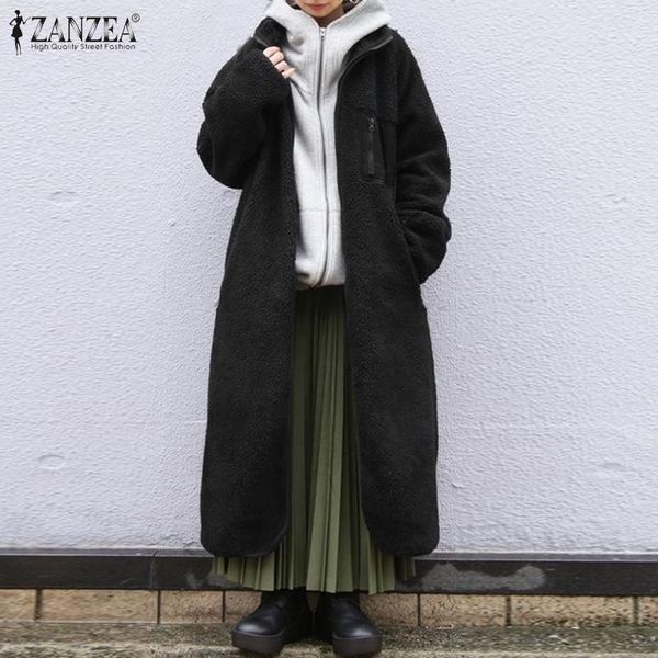 

zanzea women autumn plush fluffy coats winter long jackets fashion long sleeve zipper up plush coat outwear plus size overcoats1, Black;brown