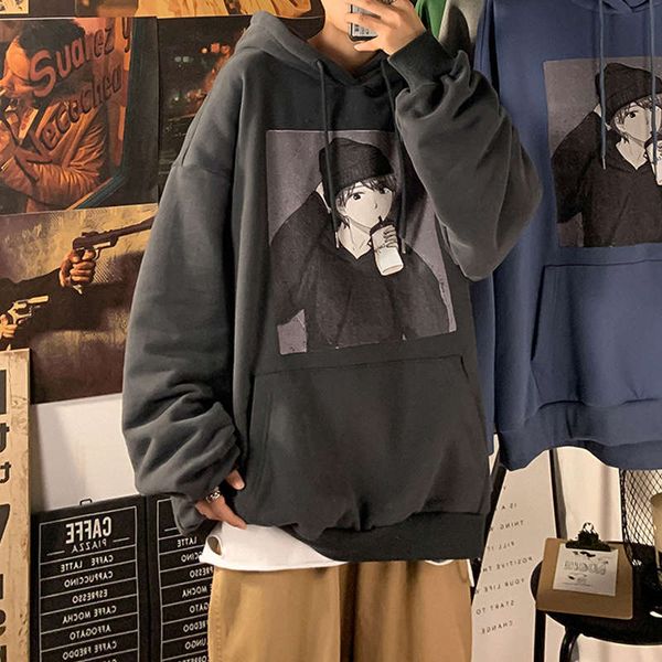 

cashmere sweater men's autumn and winter loose ins boys' handsome printed hoodie thickened versatile clothes, Black