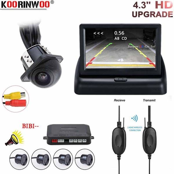

koorinwoo car reverse video parking radar 4 sensor rear view camera backup security system buzzer alert for car foldable monitor1