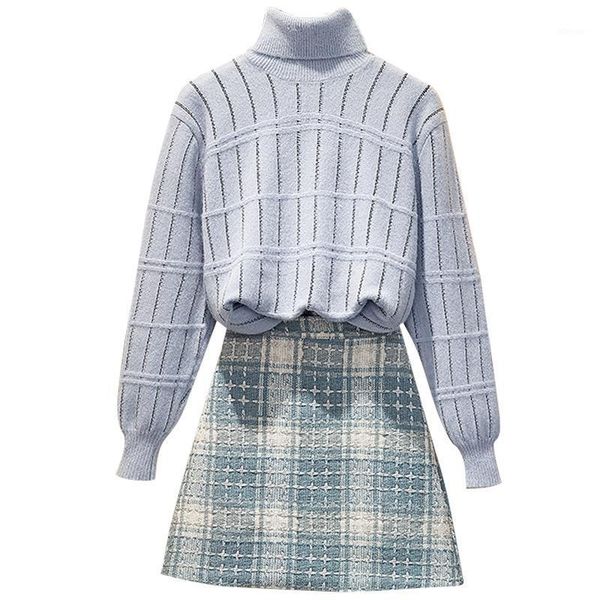 

winter fashion new turtleneck pullover sweater & grid short skirt leisure suit two-piece clothing set girl lady suit knitwear1, Gray