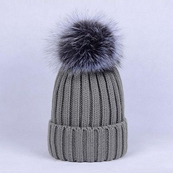 

beanies 10pcs/lot wholesale real detachable silver fur knitted hat women casual ball winter knitting skullies caps1
