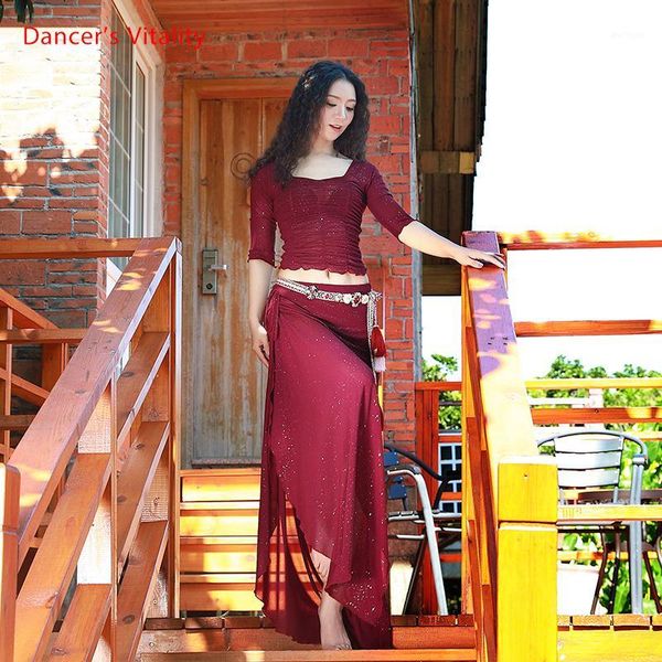 

women belly dance costume set bellydance practice training suit autumn winter short sleeve skirt stage show dress set1, Black;red