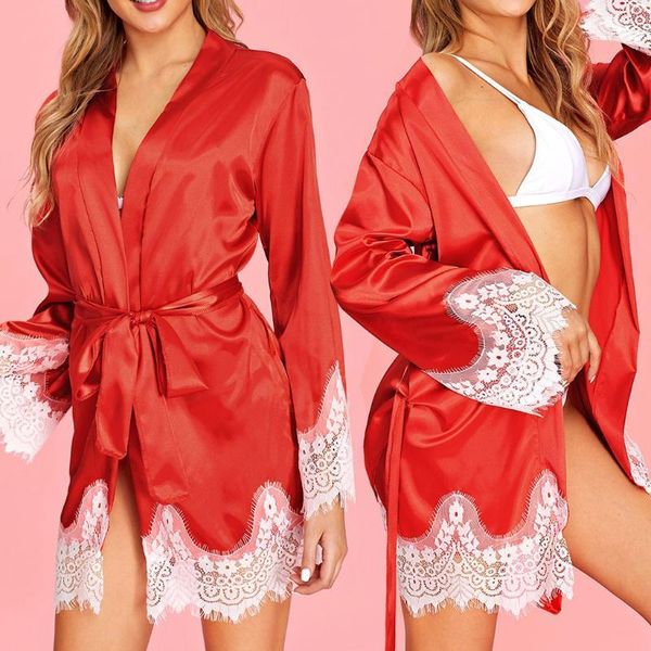 

new women lace silk long sleeve satin pajamas sleepwear robe with belt bathrobe robe de chambre femme fjsl1, Black;red