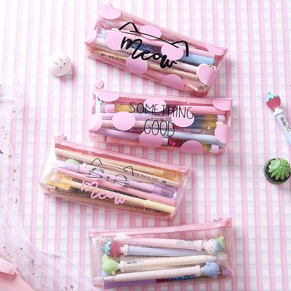 

makeup organizer bag toiletry bathing storage bag women waterproof transparent cute pink cat pvc travel cosmetic bag pencil case