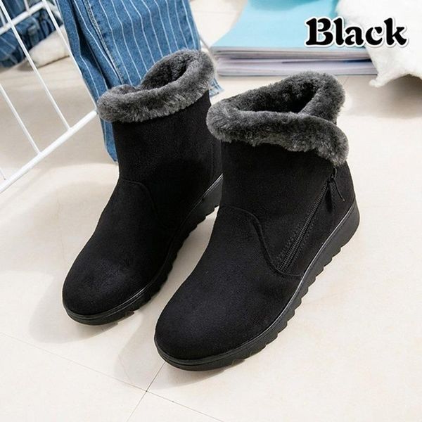 

boots winter warm ladies plush female ankle snow short slip on flat casual zipper comfort shoes, Black