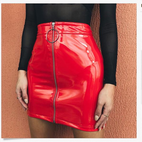 

new arrival summer women high waist circle zipper shiny pu leather mini short pencil skirt, Black