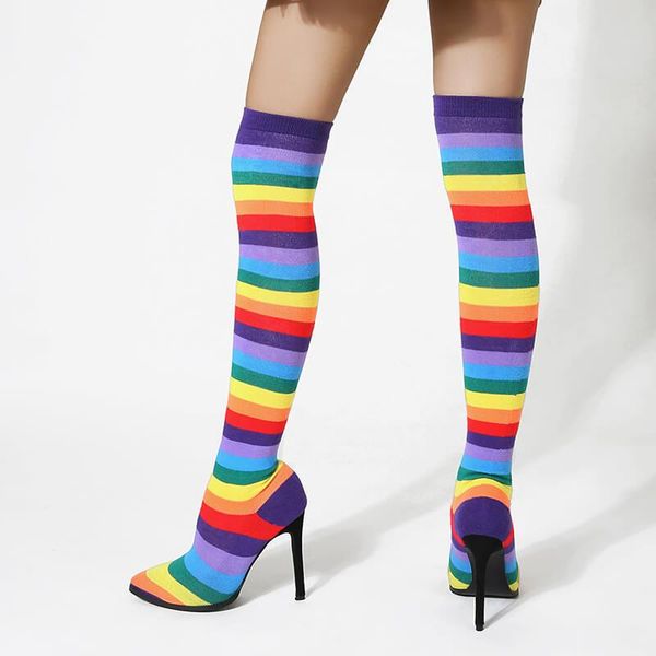 

genshuo high heels boots women shoes thigh high boots fabric sock booties over-the-knee winter autumn botines mujer 2020, Black