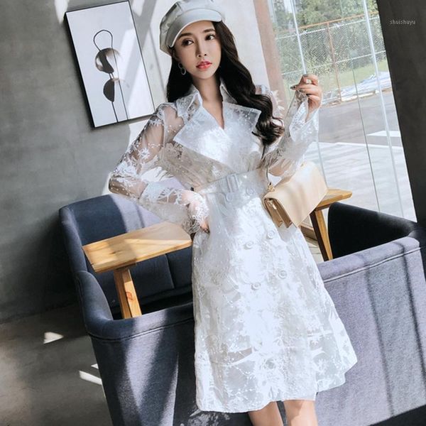 

2020 autumn white lace embroidered trench coat for women elegant long trench coat casaco feminino windbreaker1, Tan;black