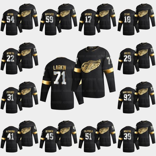 

detroit red wings 2021 golden edition 71 dylan larkin 59 tyler bertuzzi anthony mantha niklas kronwall vladislav namestnikov, Black;red