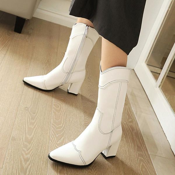 

boots 2021 winter fashion mid-calf pointed toe cowboy shoes women long cossacks female high heels botas mujer1, Black