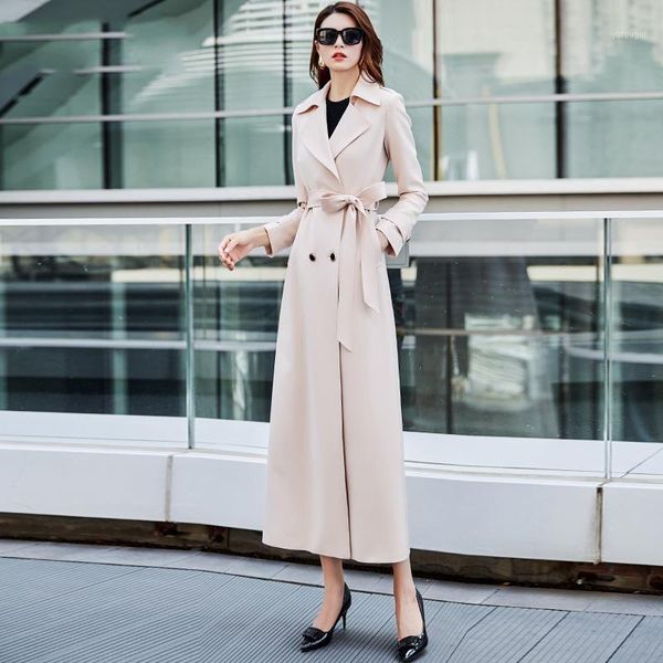 

2020 spring autumn fashion windbreaker for women long sleeve lapel double breasted trench coat female casual long outerwear r1991, Tan;black