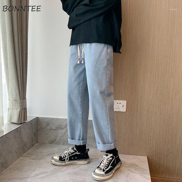 

plus size 3xl men jeans ankle-length denim drawstring young fashion solid ulzzang loose basic autumn straight trousers all-match1, Blue