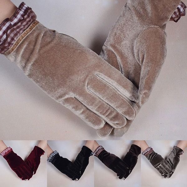 

five fingers gloves fashion women black velvet lacework female cycling cold winter warm full finger elegant soft handmade mittens, Blue;gray
