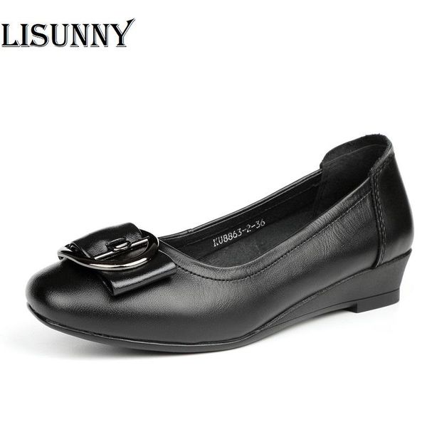 

2021 women shoes low heel spring new shoes women 100% genuine leather not tired walking casual wedges mother lady, Black