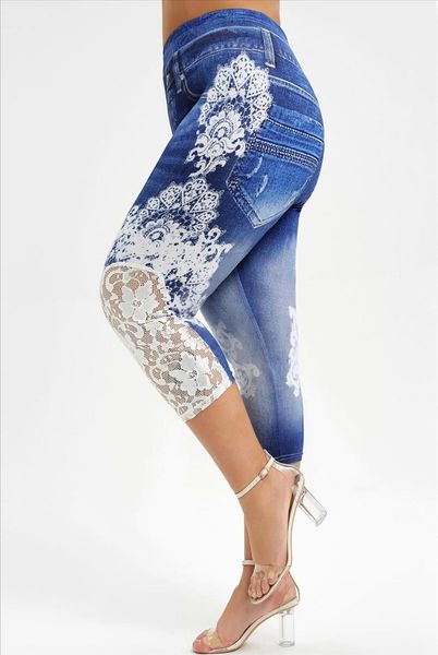 

rosegal plus size capri lace panel printed leggings push up 3d elastic high waist women skinny fitness trouser size 5xl, Black