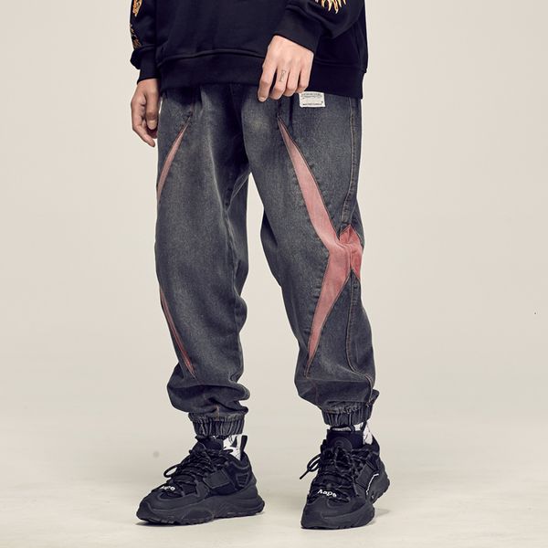 

2021 new japanese fashion loose fit denim spliced cargo printed designer streetwear hip hop jeans men joggers harem pants 5lyi, Blue