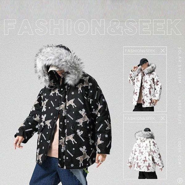 

men's down & parkas christmas fawn print loose casual cotton clothes 2021 winter fur collar large size thick windproof warm student jac, Black