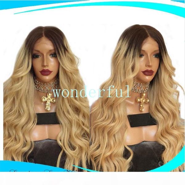 

ombre black blonde natural wave soft long black glod lace front wig synthetic hair