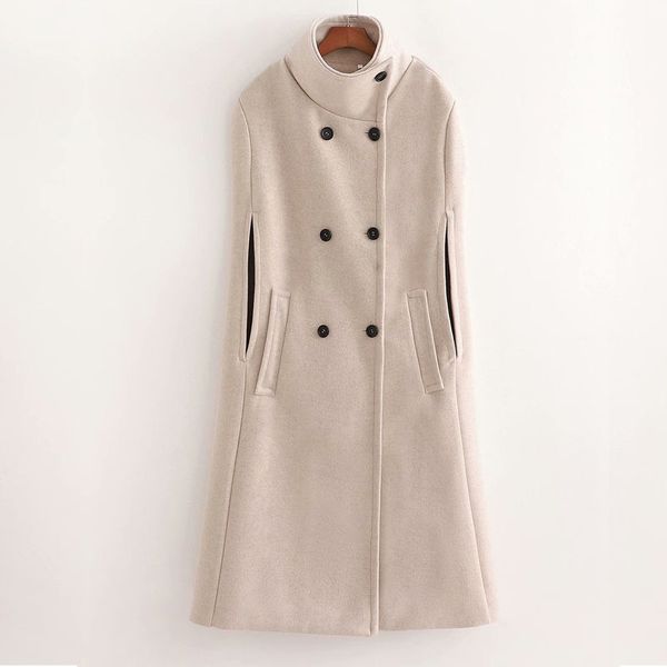 

2021 new women new elegant neckline side buttons double breasted sleeveless cloak concise long coat os08, Black