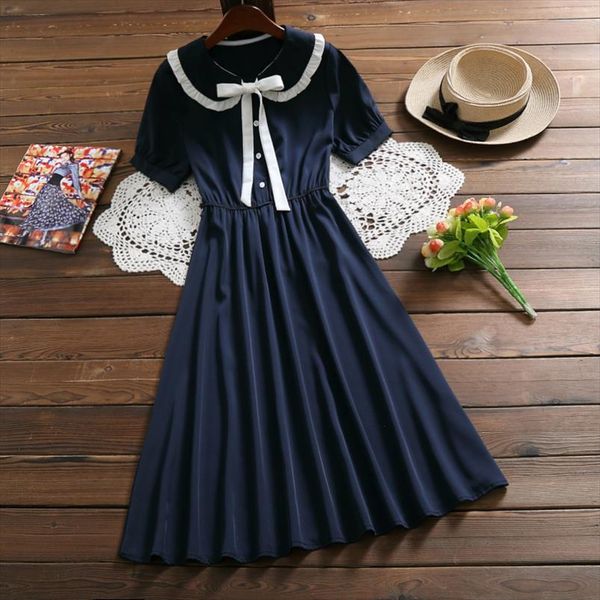 

mori girl elegant midi dress 2019 summer fashion peter pan collar short sleeve vintage dress women solid vestidos, Black;gray