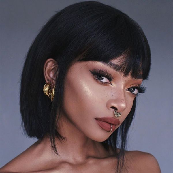 

peruvian straight bob wigs 150% density no lace short human hair wig with bangs for black women, Black;brown