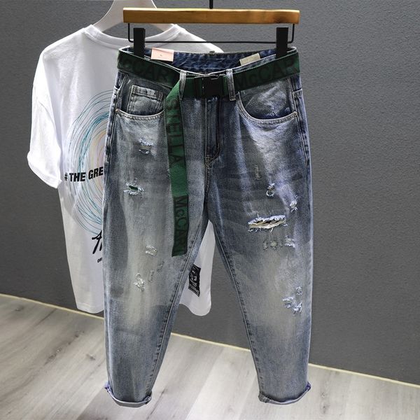 

fo2mp 2020 летних тонкие брюки девять пунктов джинсов стиля мужских моды тонкого бренд подходит ноги девять пунктов корейских рваных девять, Blue